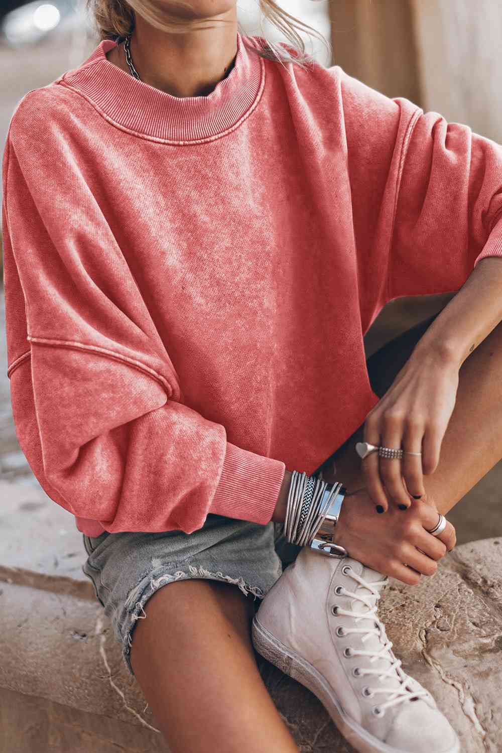 Ribbed Round Neck Dropped Shoulder Sweatshirt