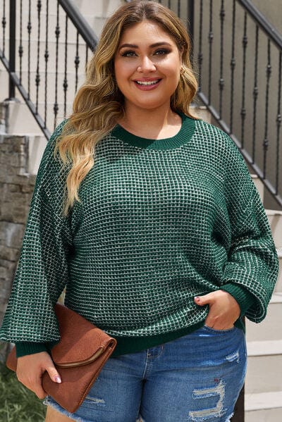 Plus Size Waffle-Knit Round Neck Dropped Shoulder Sweater Mid Green / 1XL