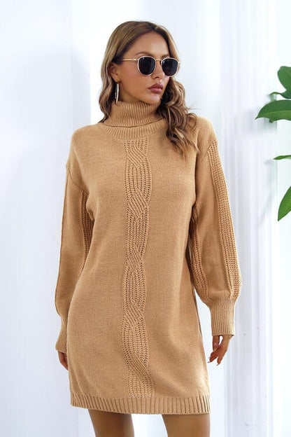 Openwork Turtleneck Long Sleeve Sweater Dress Camel / S