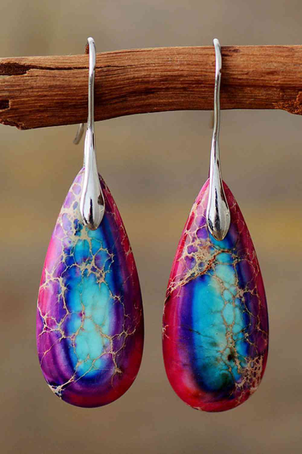 Handmade Teardrop Shape Natural Stone Dangle Earrings Fuchsia / One Size