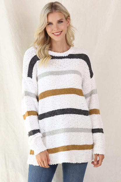 Striped Round Neck Long Sleeve Tunic Sweater White / S