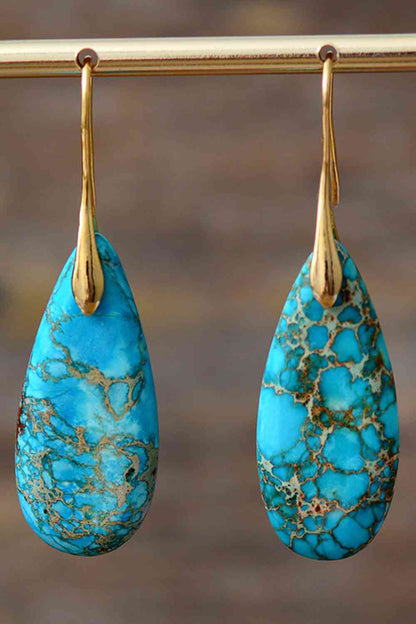 Handmade Teardrop Shape Natural Stone Dangle Earrings Gold/Blue / One Size