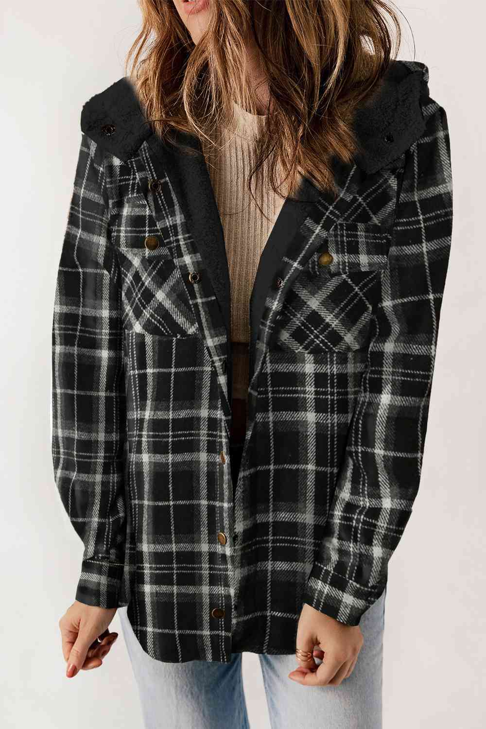 Plaid Snap Down Hooded Jacket Black / S