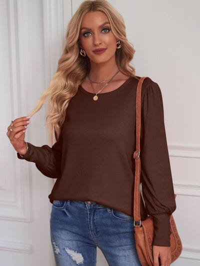 Round Neck Lantern Sleeve Blouse Chocolate / S