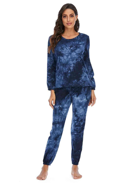 Tie-Dye Top and Drawstring Pants Lounge Set Navy / S