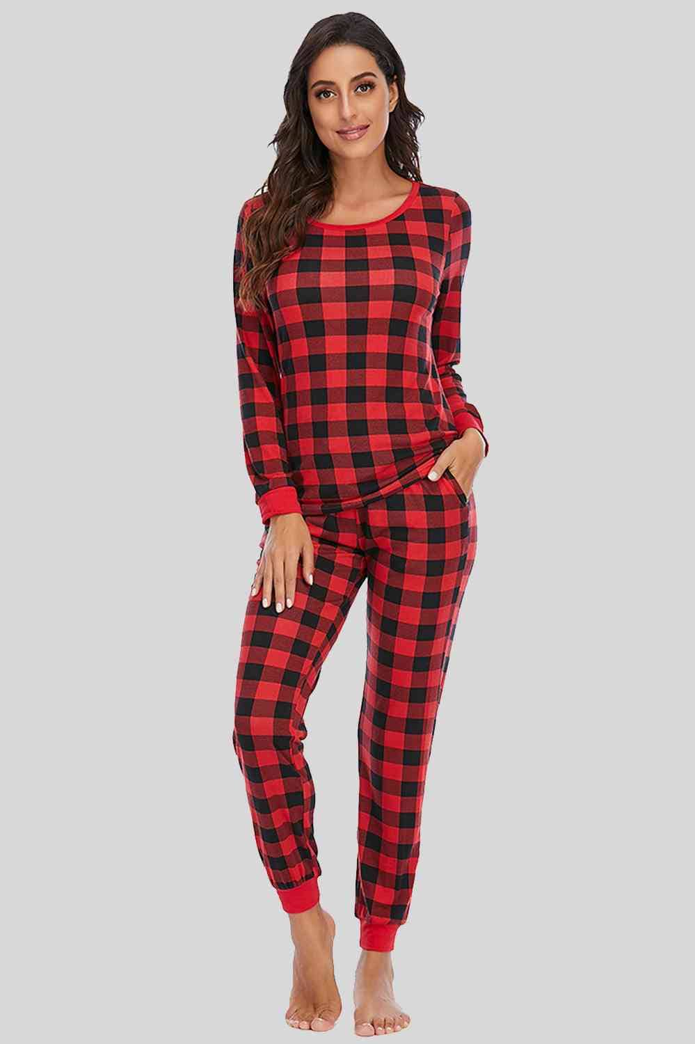 Plaid Round Neck Top and Pants Set Deep Red / S