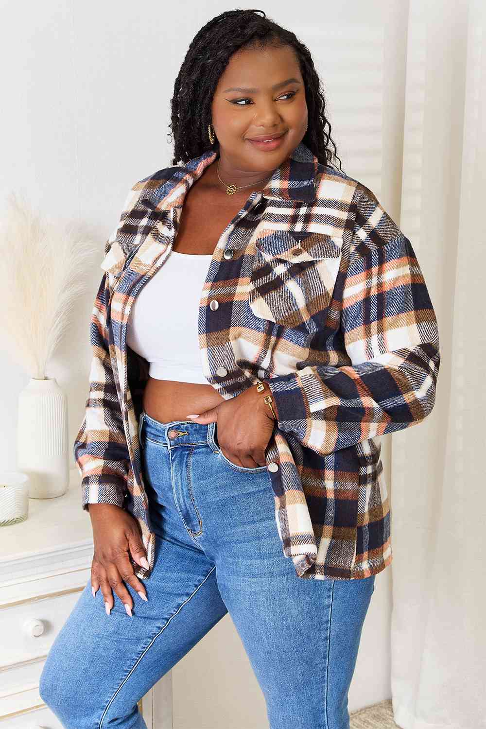 Double Take Navy Plaid Button Front Shirt Jacket with Breast Pockets