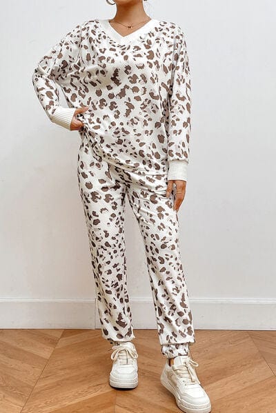 Leopard V-Neck Top and Pants Lounge Set White / S