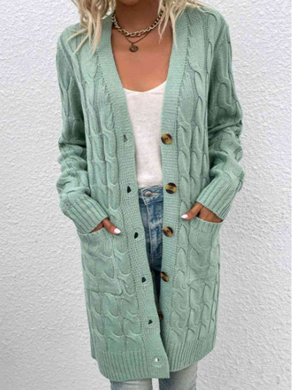 Cable-Knit Button Down Cardigan with Pockets Gum Leaf / S