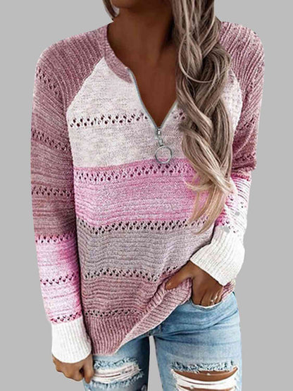 Full Size Color Block Half Zip Sweater Carnation Pink / S