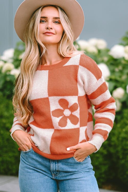 Checkered Round Neck Long Sleeve Sweater with flower Terracotta / S