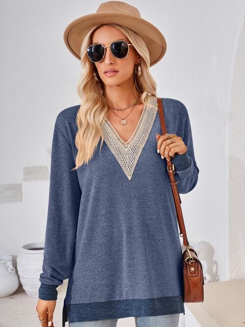 Crochet V-Neck Long Sleeve Slit Top