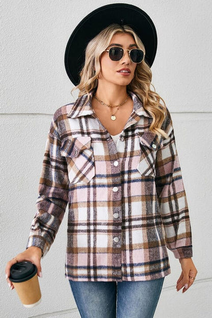 Collared Plaid Shacket Blush Pink / S