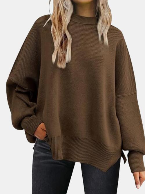 Round Neck Drop Shoulder Slit Sweater Chocolate / S