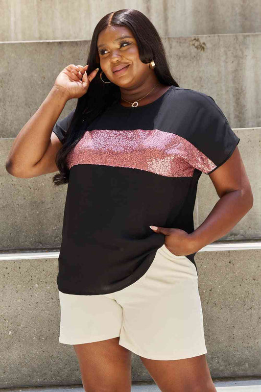 Sew In Love Shine Bright Full Size Center Mesh Sequin Top in Black/Mauve Black/Mauve / S