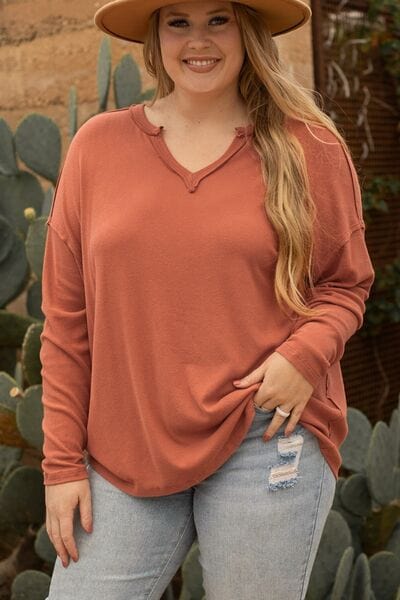 Plus Size Notched Long Sleeve T-Shirt Ochre / 1XL