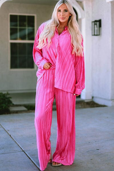Pleated Button Up Shirt and Wide-Leg Pants Set Hot Pink / S