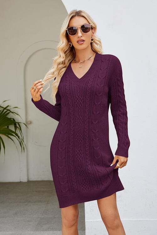 Cable-Knit Long Sleeve Sweater Dress Magenta / S