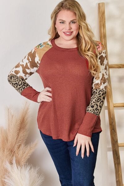 Hailey & Co Full Size Leopard Waffle-Knit Blouse RUST / S