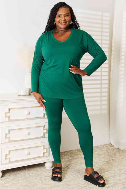 Zenana Lazy Days Green Long Sleeve Top and Leggings Set Dark Green / S