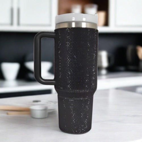 Rhinestone Stainless Steel Tumbler with Straw Black / One Size