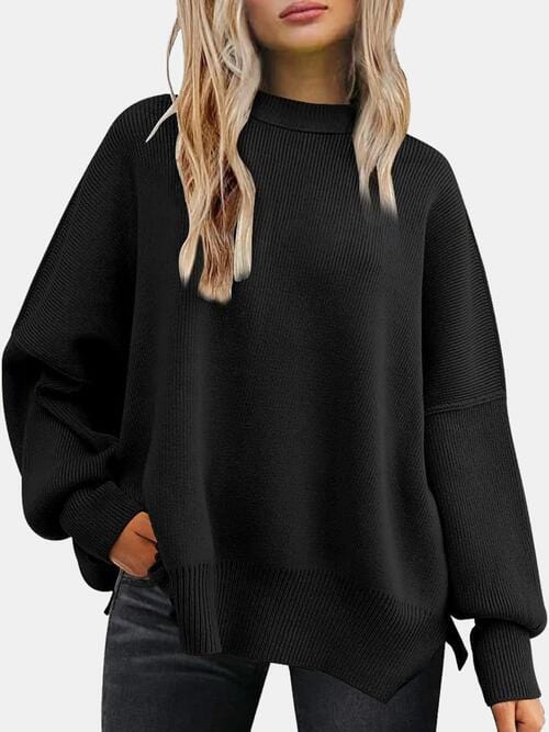 Round Neck Drop Shoulder Slit Sweater Black / S