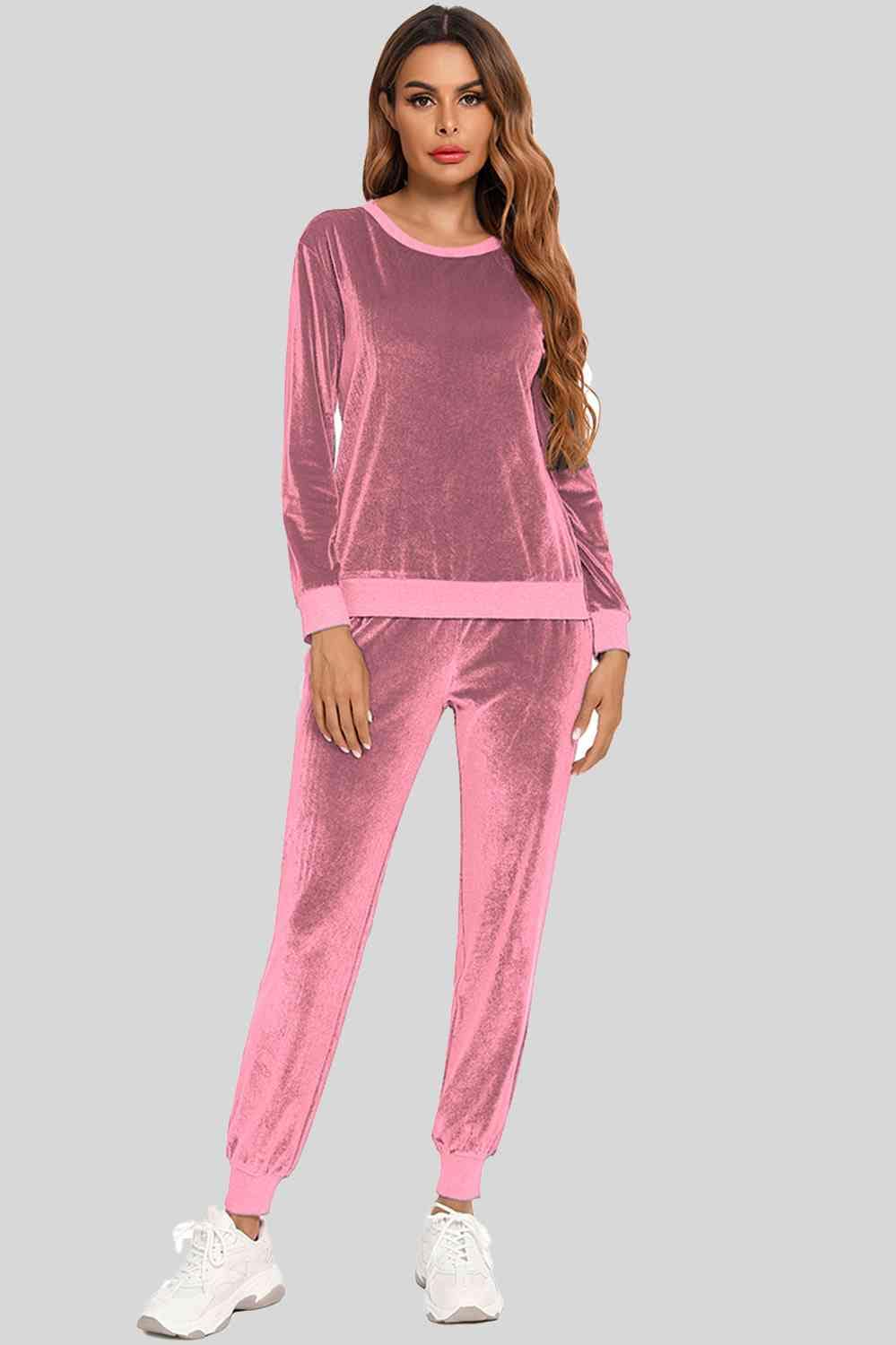 Round Neck Long Sleeve Loungewear Set with Pockets Dusty Pink / S