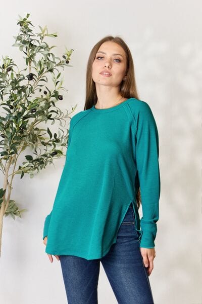 Zenana Round Neck Long Sleeve Slit Top