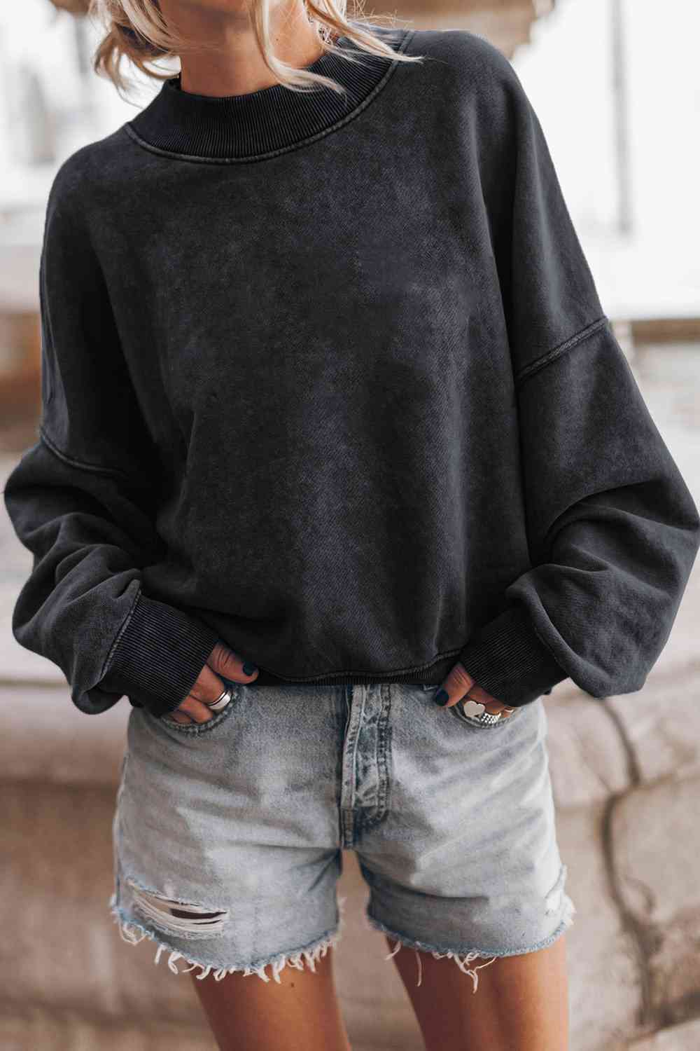 Ribbed Round Neck Dropped Shoulder Sweatshirt Black / S