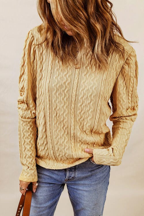 Cable-Knit Round Neck Long Sleeve Blouse Yellow Green / S