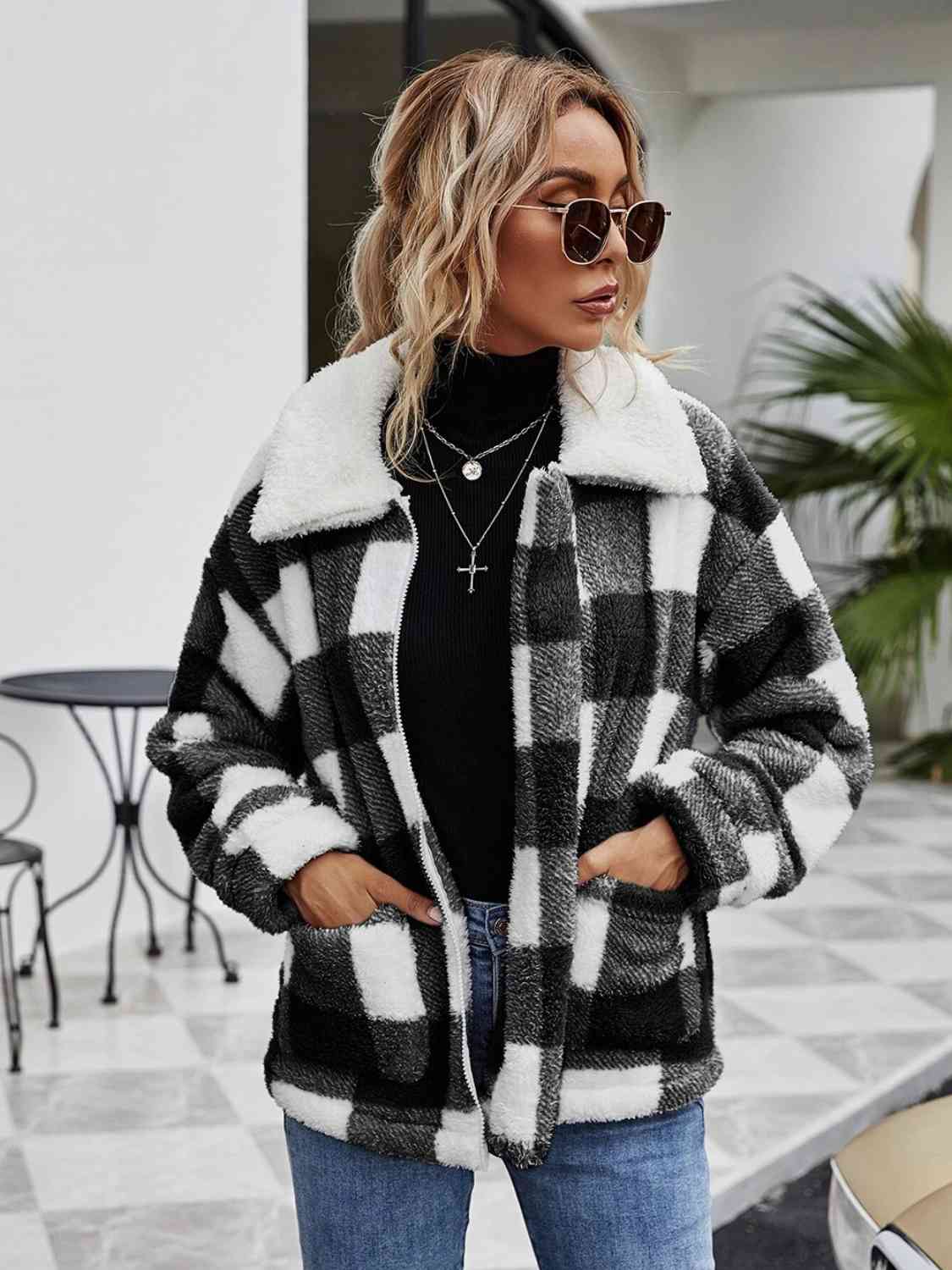 Fuzzy Plaid Zip-Up Collared Jacket Black / S