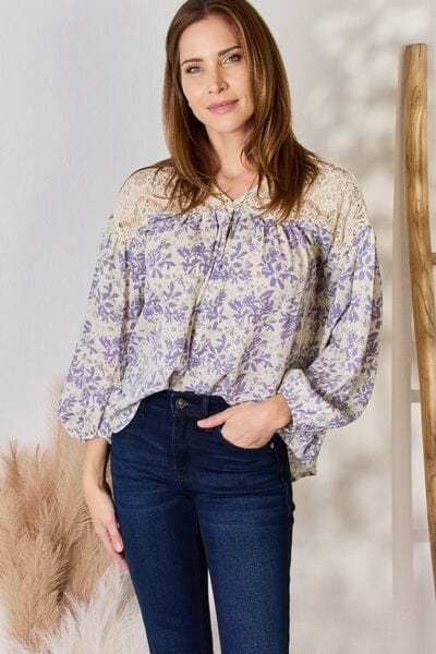 Hailey & Co Full Size Lace Detail Printed Blouse LILAC / S
