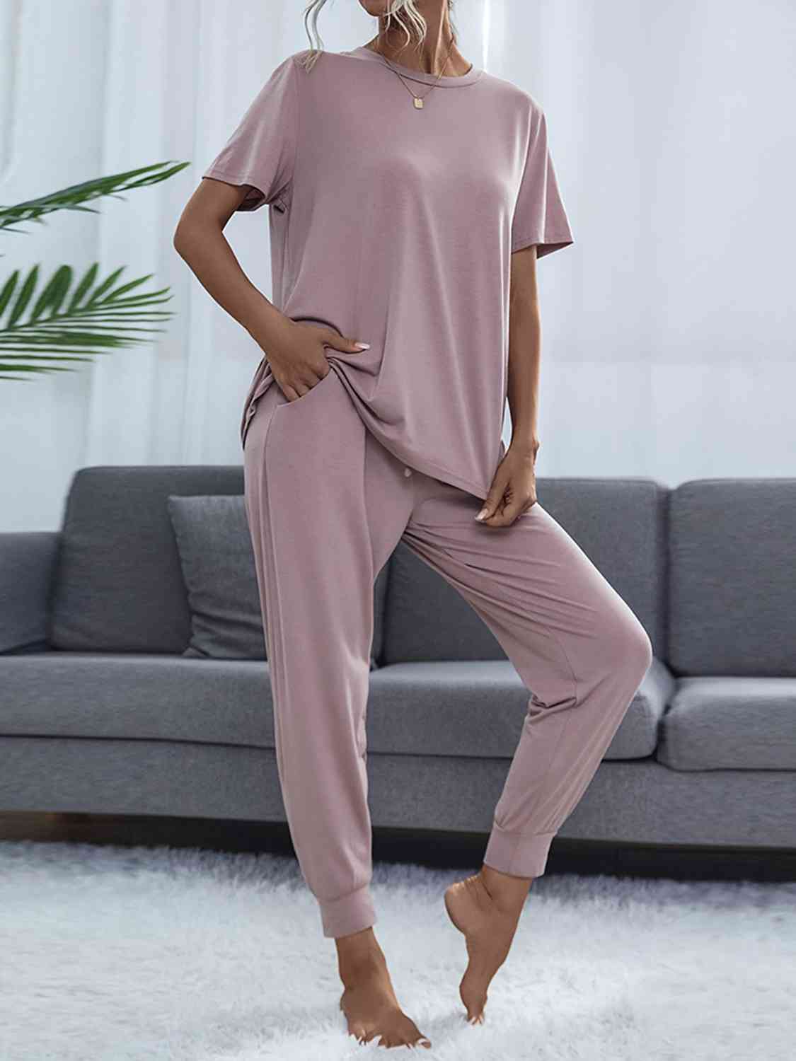 Round Neck Short Sleeve Top and Pants Set Blush Pink / XS