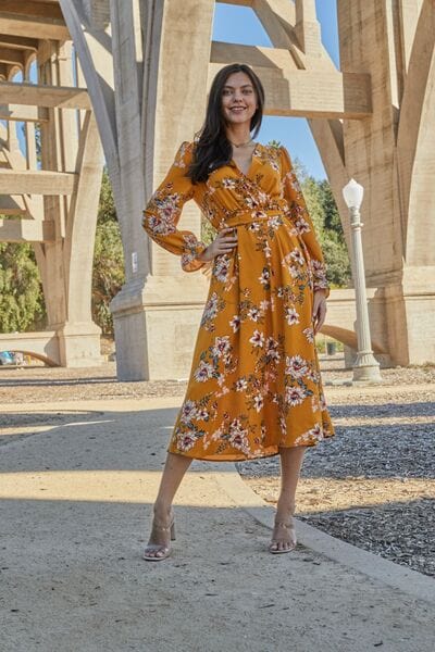 Double Take Full Size Floral Tie Back Flounce Sleeve Dress Caramel / S