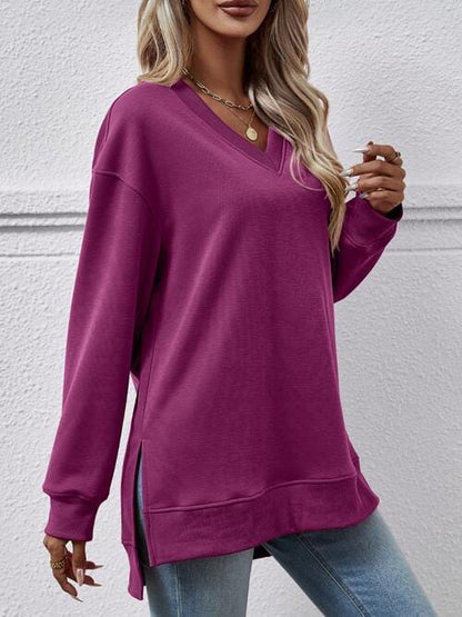 V-Neck Slit Long Sleeve Sweatshirt Magenta / S