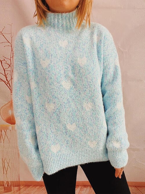 Heart Heathered Turtleneck Drop Shoulder Sweater Mint Blue / One Size