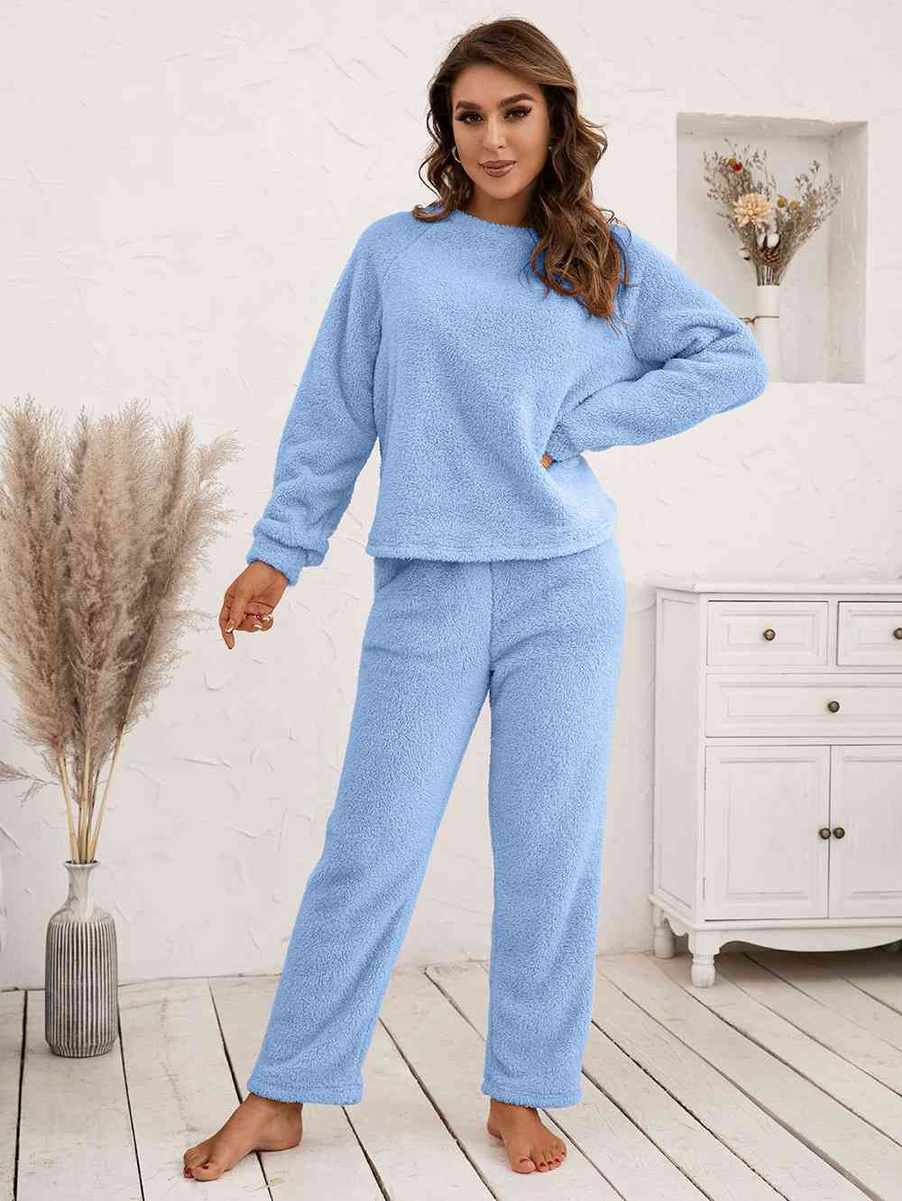 Teddy Long Sleeve Top and Pants Lounge Set Pastel  Blue / S