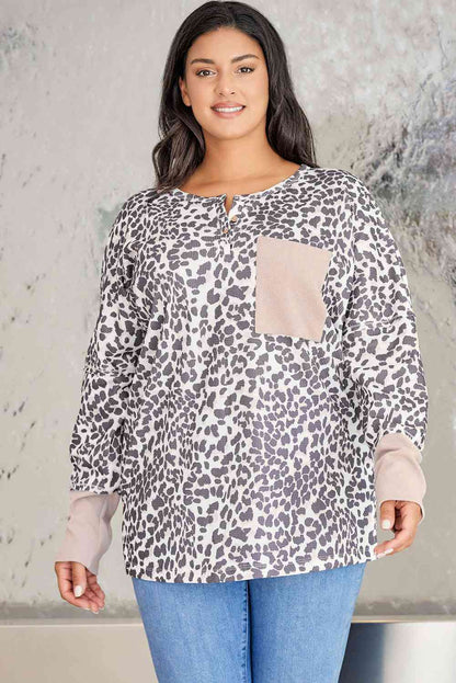 Plus Size Leopard Print Long Sleeve Sweatshirt Cow Print / 1XL