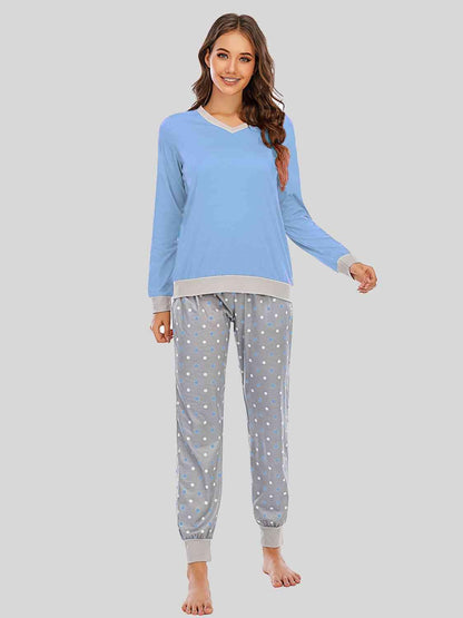 Long Sleeve Top and Polka Dot Pants Set Pastel  Blue / S