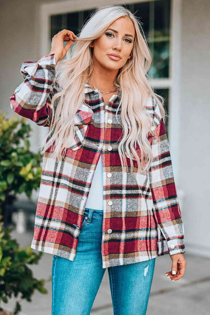 Double Take Plaid Button Front Shirt Jacket with Breast Pockets Red / S