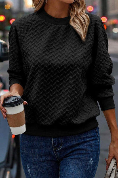 Textured Round Neck Long Sleeve Sweatshirt Black / S
