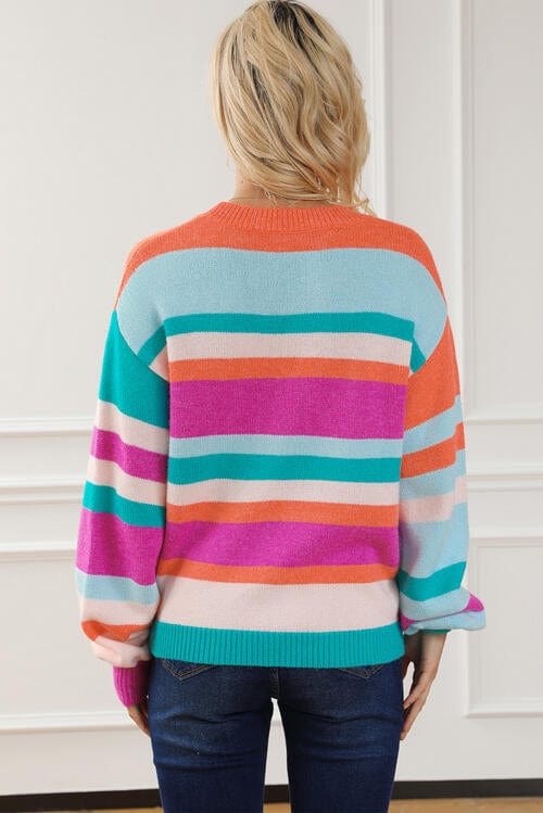 Bold Striped Round Neck Long Sleeve Knit Sweater