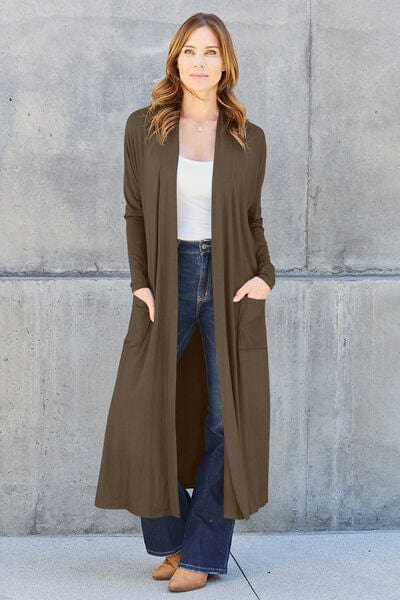 Basic Bae Full Size Open Front Long Sleeve Duster Cardigan Chestnut / S