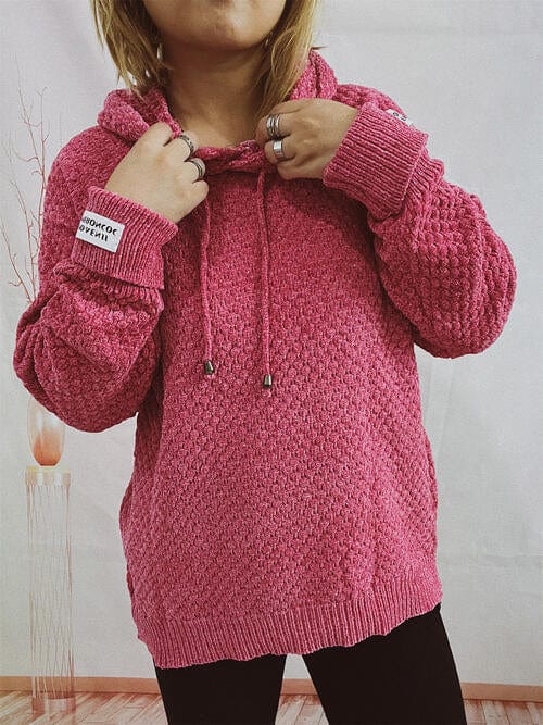 Drawstring Long Sleeve  Hooded Sweater Deep Rose / One Size