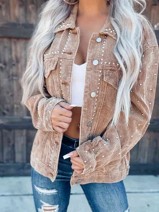 Studded Collared Neck Button Down Jacket Tan / S