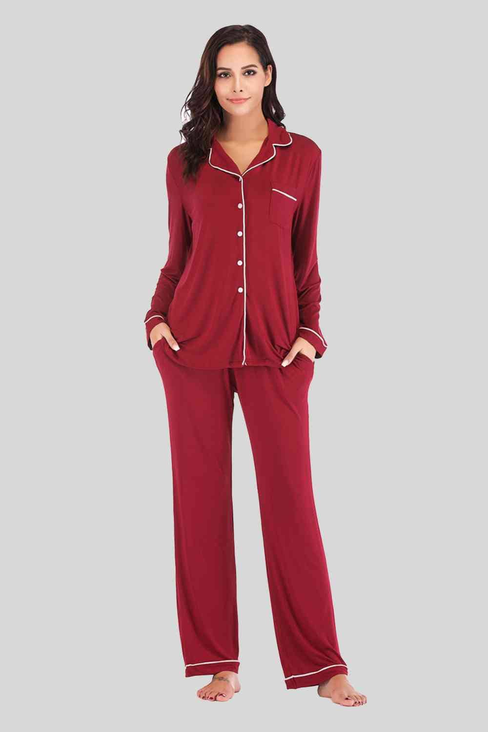 Collared Neck Long Sleeve Loungewear Set with Pockets Wine / S