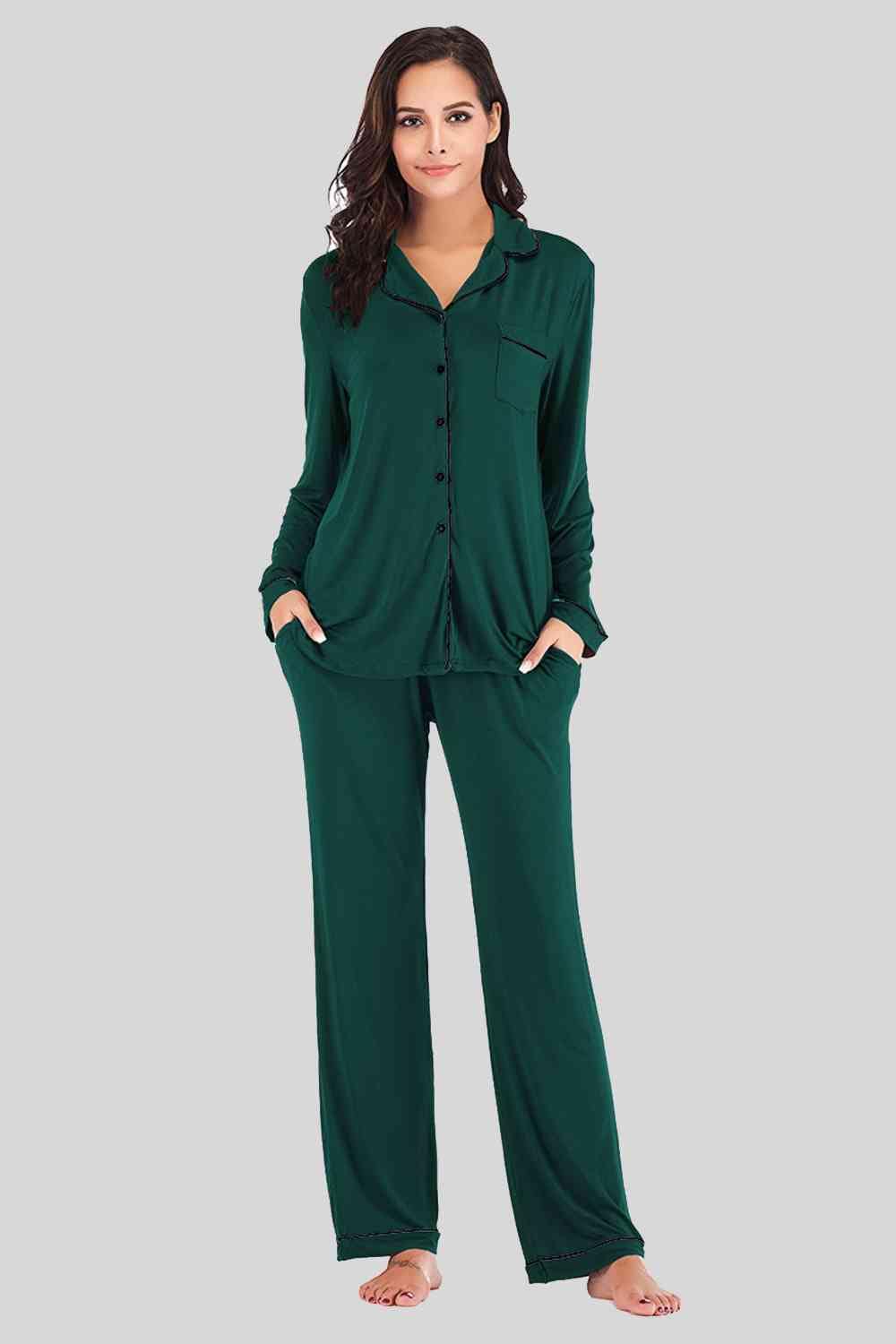 Collared Neck Long Sleeve Loungewear Set with Pockets Green / S