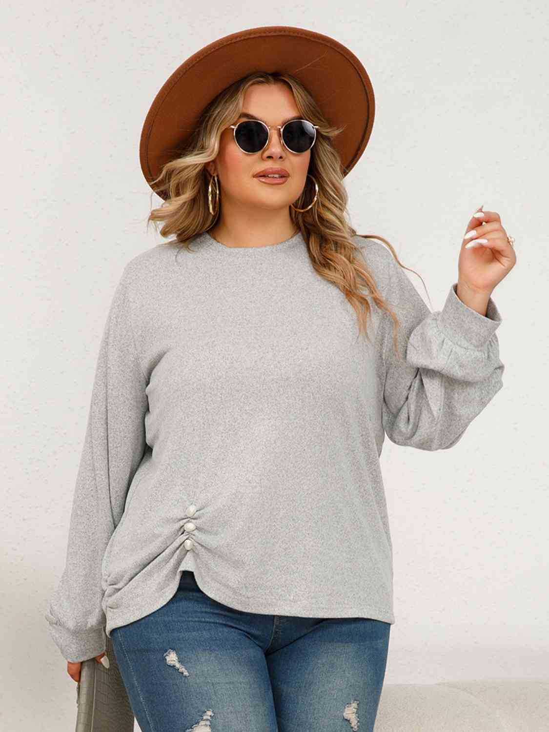 Plus Size Round Neck Ruched Long Sleeve Top Light Gray / 0XL