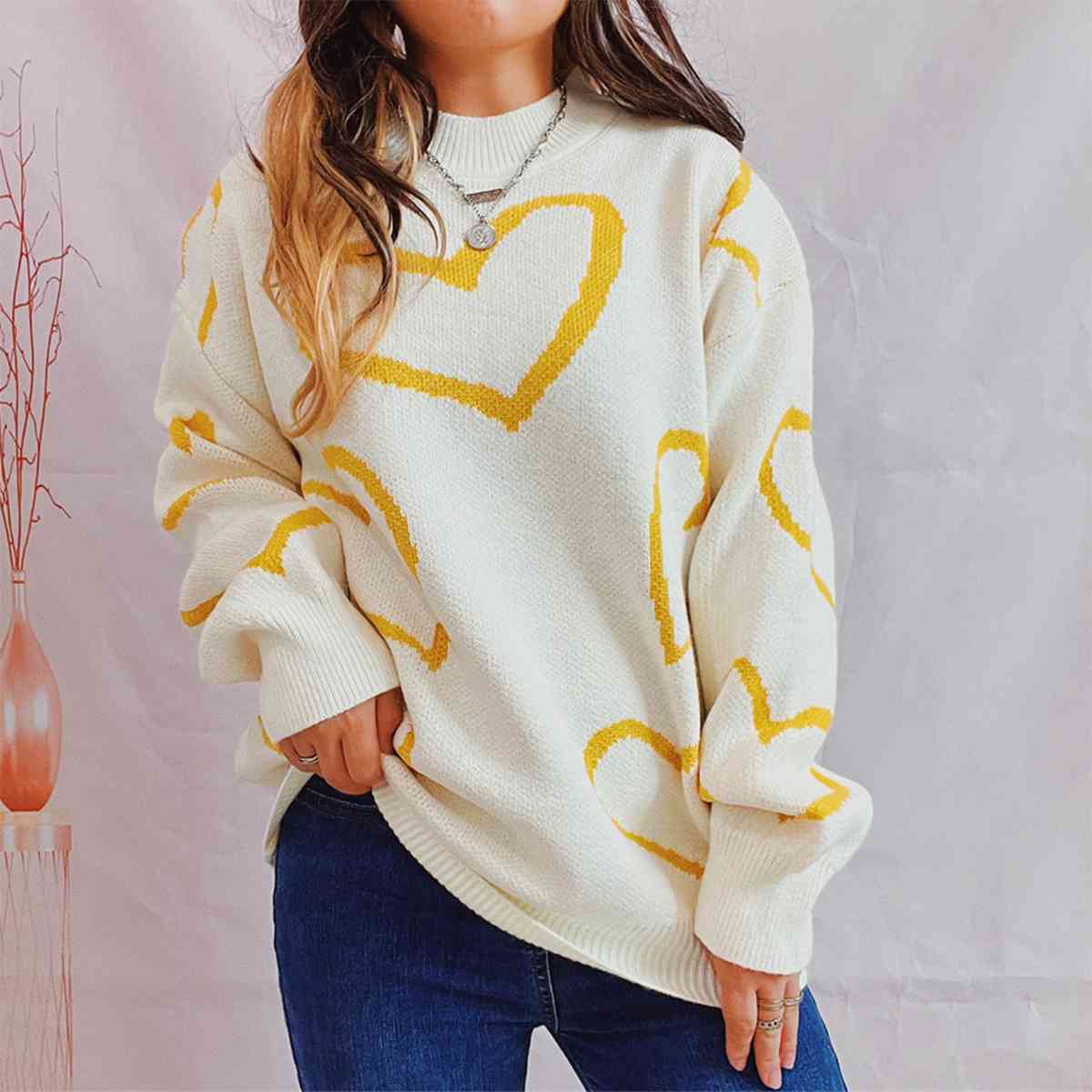 Heart Pattern Long Sleeve Sweater Banana Yellow / S