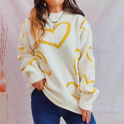 Heart Pattern Long Sleeve Sweater Banana Yellow / S